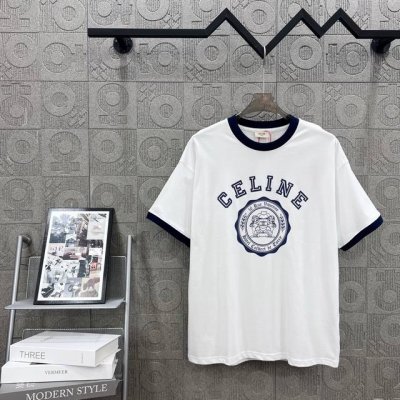 D Celine 赛琳 拼色领口凯旋门字母Logo印花 升级，灵感源自八十年代复古 原版面料 官方同款 短袖T恤 定制 260克 同缸染面料 手感非常舒服 春夏