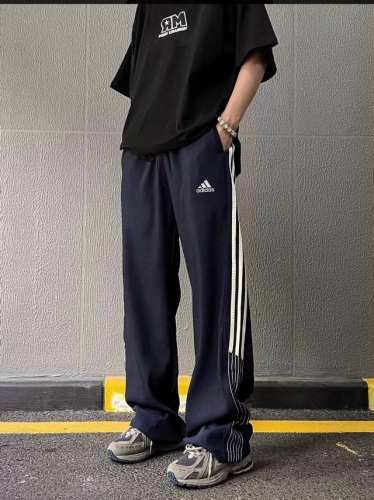 90 adidas阿迪达斯 春秋款三条杠拼接休闲运动直筒垂感品质长裤情侣款 color: 藏青色 Size: M-Xl m 腰围80 臀围116 裤长98 (C