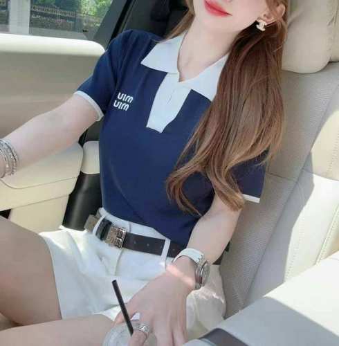 韩系复古polo领设计感短袖T恤新款撞色修身正肩短上衣 均码 天丝