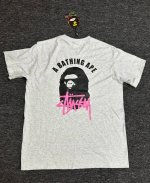 00141款Bape猿人头斯图西Stussy联名款印花短袖T恤衫，三标齐全，男女同款，宽松大版型，码数Smlxlxxl，灰黑，白黑，灰白