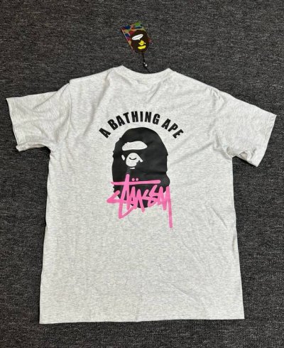 00141款Bape猿人头斯图西Stussy联名款印花短袖T恤衫，三标齐全，男女同款，宽松大版型，码数Smlxlxxl，灰黑，白黑，灰白