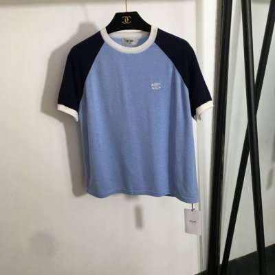 P200款号20250558 Celin*新款 简约Logo刺绣拼色短袖针织衫 T恤，蓝色，Sml， L码；胸围100，袖长31，长57