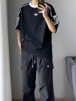 新款阿迪达斯Adidas 三叶草三条杠插肩撞色拼接Ins 领口螺纹针织情侣同款宽松落肩短袖T恤 面料: 280G重磅纯棉新疆长绒棉 采用特定重磅32S精棉平纹针