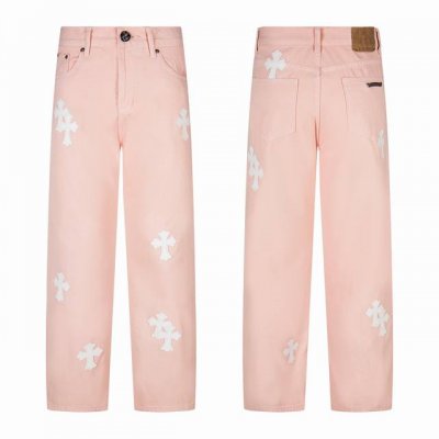 chrome Hearts Ch克罗心 限定少女樱花粉拼皮牛仔裤 迷人的多巴胺个性牛仔裤 潮人不可缺失 明星同款 众多博主吹捧的一款 这次新款的裤子无论是版型还