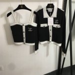 款号20252159 Chane*新款套装，小香Logo刺绣爱心纽扣长袖针织开衫+针织吊带背心，黑色，Sml， L码；肩宽37，胸围92，袖长64，长52；胸围