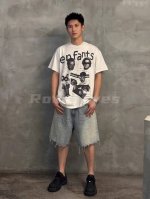 爆款模特图 顶级版本Erd忧郁的富二代复古胖小孩人像印花Fat Kid做旧象牙白短袖T恤 面料采用320G26支双股赛络紧密纺单纱 结构紧密耐磨性好 因为织物品