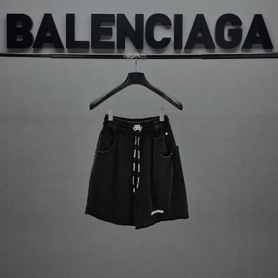 巴黎Balenciaga25夏款400G重磅洗水做旧弯刀短裤 开模激光烧花巴黎字母老花 成裤洗水不缩水 垂感挺括定制标语裤绳有型码数Smlxl