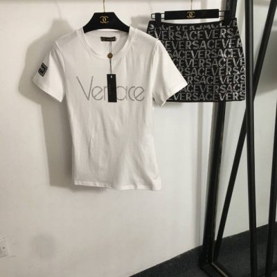 款号20252852 Versac*新款套装，烫钻字母袖臂Logo印花修身短袖T恤+重工烫钻Logo短半裙，安全裤里衬，白色，黑色，S-Xl， S码；肩宽36，