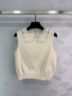 Celin*25夏季新款 小香风钩花蕾丝拼接娃娃领纯色轻奢风修身显瘦气质百搭针织圆领无袖背心 尺码Sml