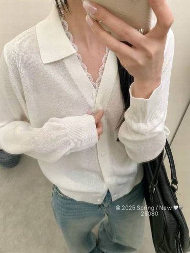 欧洲站欧货时尚气质翻领蕾丝花边羊毛针织开衫显瘦上衣潮 均码 亚麻