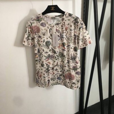 款号20252245 Dio*新款 动物花朵印花短袖T恤，杏色，S-Xl， M码；肩宽42，胸围94，袖长18，衣长61