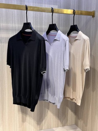 型号D-7306#，Bc家 2025春夏最新袖口撞色条纹男士翻领短袖针织衫，精选针织棉质面料制成， 80支超柔长绒棉，16针密致针法，纹理清晰，紧密不易变形，质