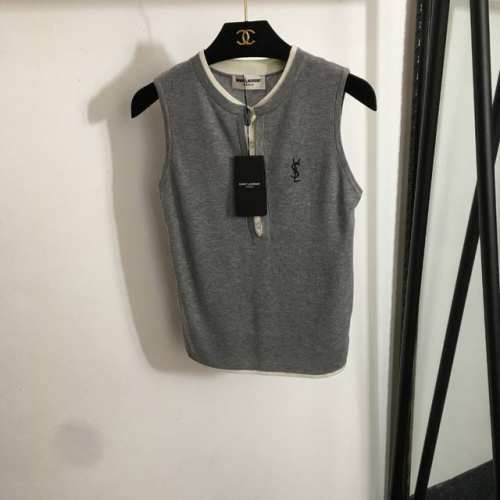p250款号20251577 Ysl*新款 Logo刺绣拼色假两件拼接修身针织背心，灰色，黑色，Sml，【M码；胸围76，衣长53】