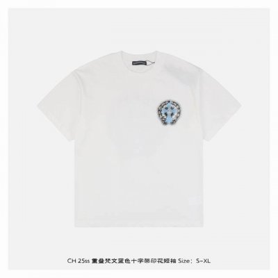 chrome Hearts 克罗心 25Ss 重叠梵文蓝色十字架印花短袖 面料采用 克重精梳棉 定制32支1*1螺纹 成衣两遍水洗处理 面料舒适亲肤无异感 定制