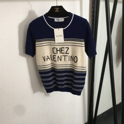 款号20252846 Valentin*新款 立体刺绣字母拼色短袖100%羊毛针织衫，藏蓝色，Sml， S码；胸围84，袖长23，衣长55