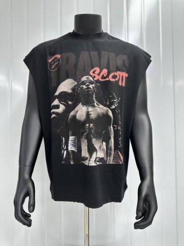 Vt015 Travis Scott斯科特Big Face人像演出限定浮夸搞怪印花复古水洗做旧无袖坎肩T恤 小领口设计 白墨数码直喷印花 手工磨破工艺 高街复古
