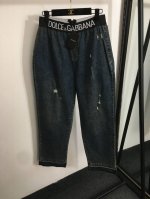 款号20252406 Dg*新款 字母织带收腰破洞牛仔长裤 哈伦裤，蓝色，S-Xl, M码；腰围70弹力，长102