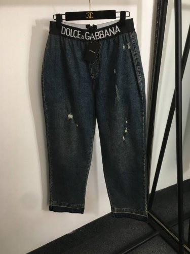 款号20252406 Dg*新款 字母织带收腰破洞牛仔长裤 哈伦裤，蓝色，S-Xl, M码；腰围70弹力，长102