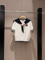 P270新款拼色海军领打结短袖针织上衣 胸前刺绣钩花Logo字母装饰学院减龄 可爱甜美 气质百搭深蓝白色 Sml
