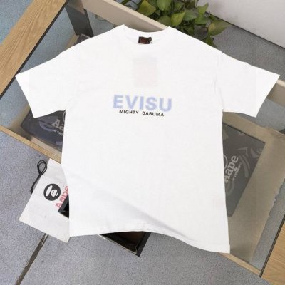 款号：F614 2025新款Evisu福神达摩不倒翁大M字母图案印花休闲情侣圆领短袖T恤，经典永远不会过时、人手必备款，230G纯棉精梳棉不起球不起毛，上手质感