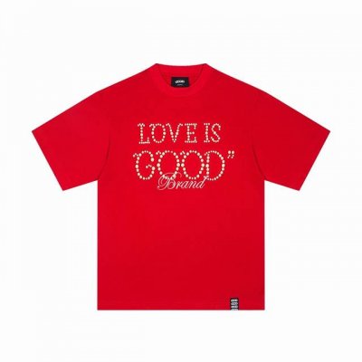 实拍图 钉珠工艺，请勿机洗 珍珠迎好运 Goodbrand Love Is Good珍珠标语短袖T恤 情侣同款 颜色：黑色 蓝色 红色 码数：S M L Xl