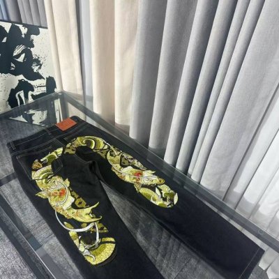 oc-796 Evisu脏脏做旧牛仔长裤Evisu 福神牛仔裤 情侣款特供中山原厂原浆牛仔，面料环保，做旧拼接元素，和带有欧美风格的腰果花组合，与M的完美结合、