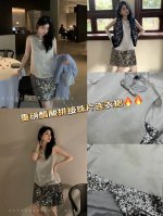 月光琉璃”~重磅醋酸拼接珠片连衣裙 极简撞色显高级！ 高级灰无袖优雅脖颈线条，双层银色亮片裙摆随步摇曳生辉，冷冽光泽与柔美廓形碰撞出高级感，无论是约会晚宴还是街