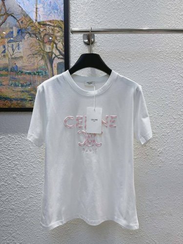 celine家！订单款！胸前刺绣凯旋门字母Logo 图案圆领丝光棉短袖T恤！三标齐全！三色！码数S M L Xl，现货发！ M码胸围92衣长62