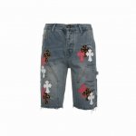Chrome Hearts ｜克罗心 Ch 克罗心蓝白多色拼皮泼墨牛仔美式工装短裤- 全套五金开模 下摆手工流苏磨边破坏设计 拼白色真皮 然后在做贴布 真李维斯