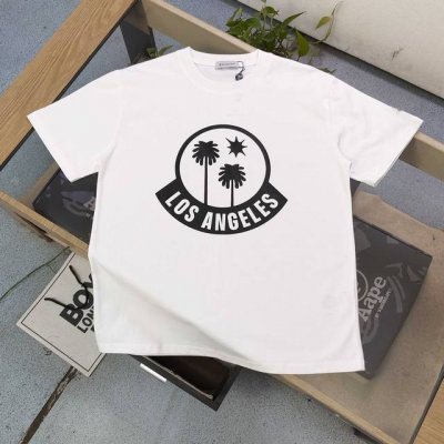 高版本 2025新款Moncler蒙口铃铛椰树图案Logo印花休闲情侣宽松短袖T恤，独一无二的活性环保面料染色，32支双纱精梳纯棉爽滑手感，纯棉不起球不起毛，面