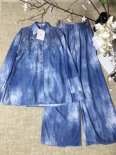 套装Dio*R新品 天空蓝晕染镂空水溶蕾丝花边拼接亚麻翻领刺绣衬衫休闲宽松阔腿长裤 套装两件套Smlxl