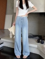 春夏爆款 松紧腰字母刺绣天丝牛仔裤 面料舒适直筒显瘦 浅蓝 S-Xl