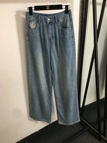 款号20253060 Ysl*新款 Logo刺绣口袋 不规则皱纹提花纹高腰直筒牛仔长裤 白色 黄色 蓝色 S-Xl M码 腰围70 长107
