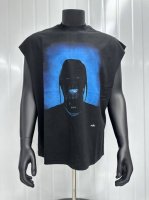 Vt007 Travis Scott斯科特Big Face人像乌托邦演出限定浮夸搞怪印花复古水洗做旧无袖坎肩T恤 小领口设计 白墨数码直喷印花 手工磨破工艺 高