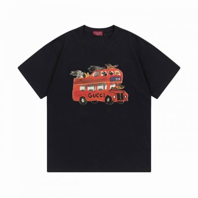 Gucci 古驰 2025新款 数码直喷趣味卡通动物观光巴士Logo 定制皮章 男女同款 短袖T恤 定制300克100 双纱纯棉面料 康丽数码直喷工艺 定染32