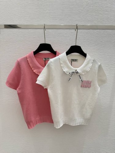 m家 早春新款 翻领蝴蝶结针织短袖 颜色：白色 粉色 尺码：36.38.40