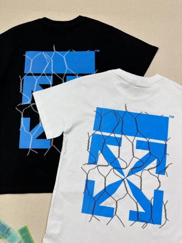 顶级版本上新 O43# -复刻Off-White C O Virgil Ss24重工独家 新款闪电蓝色Ow箭头Virgil Abloh警戒线高街复古短袖T恤 男