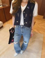 民族风复古V领彩线刺绣无袖学院风短款马甲 Sml