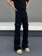 款号Xk3295 美式复古夏季黑色Vibe绑带微喇工装牛仔裤男女Cleanfit美式高街喇叭裤子长裤，面料定制经过一流的高工艺水洗 ，质地紧密 色泽均匀 纹理清