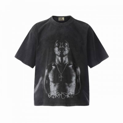 Vt963 致敬图派克Tupac说唱歌手2pac人像Big Face数码直喷印花复古水洗做旧短袖T恤 小领口设计 白墨数码直喷印花 高街复古重磅做旧水洗Vint