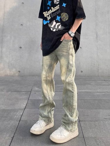 款号Xk2278 Fog美式黄泥染微喇叭牛仔裤明辑线车工拼接复古小众Hiphop裤子男，四季皆宜的百搭单品！ 街头潮流复古风十足，含棉量极高的牛仔布、经过多层次