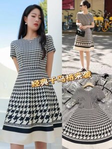 连衣裙 高端定制缎面经典千鸟格定位印花连衣裙夏季新品女装轻奢法式修身A字裙 面料超级顺滑 面料 缎面定位印花 里布超柔四面弹 图色四码Smlxl