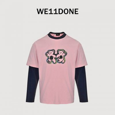 We11Done 25Ss春夏新款幻影双面小熊印花假两件条纹拼接洗水怀旧T恤 高密26支320克双纱纯棉面料 高克重 高版本 ，成衣经高温定型 穿洗不起球、不掉