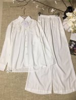 套装Dio*R新品镂空水溶蕾丝花边拼接亚麻翻领刺绣衬衫休闲宽松阔腿长裤 套装两件套Smlxl