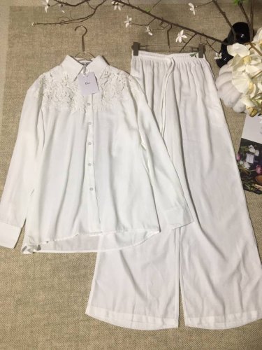 套装Dio*R新品镂空水溶蕾丝花边拼接亚麻翻领刺绣衬衫休闲宽松阔腿长裤 套装两件套Smlxl