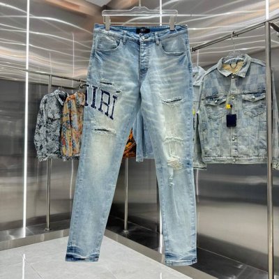 amiri 破洞字母刺绣修身小脚弹力牛仔裤 颜色 浅蓝色 码数 30 32 34 36 38