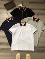 Lacoste丨 法鳄鱼 王一博同款 四色徽标刺绣 男款商务休闲撞色条纹翻领polo衫. 颜色：白色 灰色 藏青 黑色. 材质：40支莱卡珠地棉. 工艺：刺绣