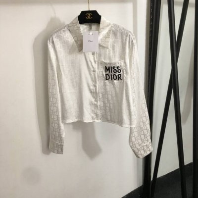 款号20252408 Dio*新款 老花Logo提花Miss刺绣字母口袋长袖短款衬衣，白色，棕色，黑色，S-Xl， M码；肩宽44，胸围100，袖长57，长47