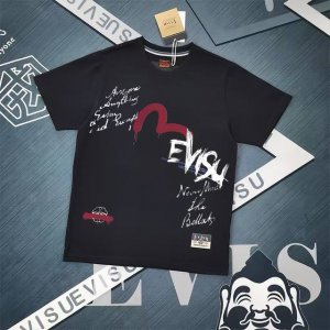 evisu 福神春夏新款涂鸦字母印花圆领短袖T恤男女休闲宽松半袖 颜色 黑色 白色 码数S-Xxl s码 肩宽46.6 胸围106 衣长68 适合身材100-1