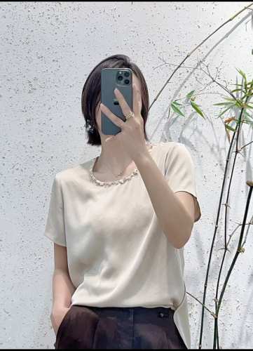夏装上新 减龄法式 钉珠时尚百搭圆领短袖醋酸上衣 两色 杏色，白色S-Xl